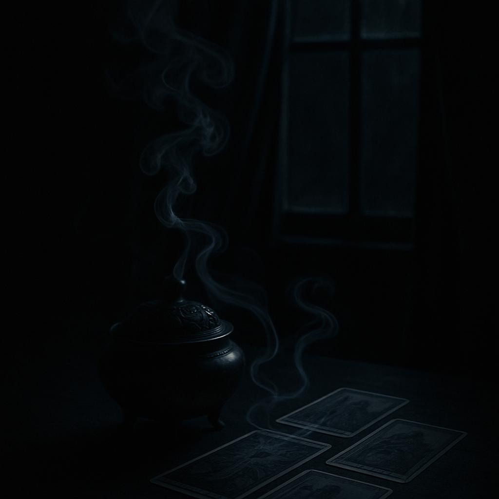 A darkly lit room with a collection of tarot cards scattered across a table, accompanied by a small, ornate incense burner...