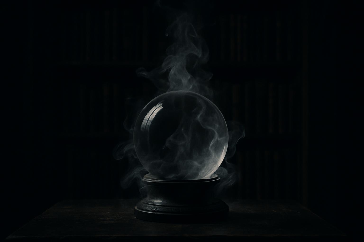 Glowing Black Crystal Sphere with a black stand in the center of a Black Table with smoke rising behind the sphere.