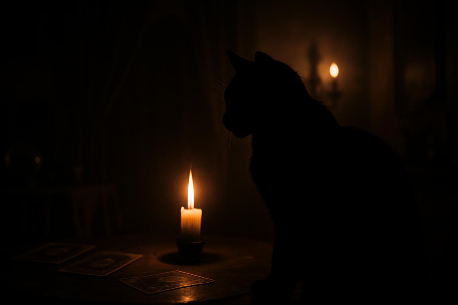 Silhouette of a cat standing next to tarot cards and a lit candle in a dimly lit room.