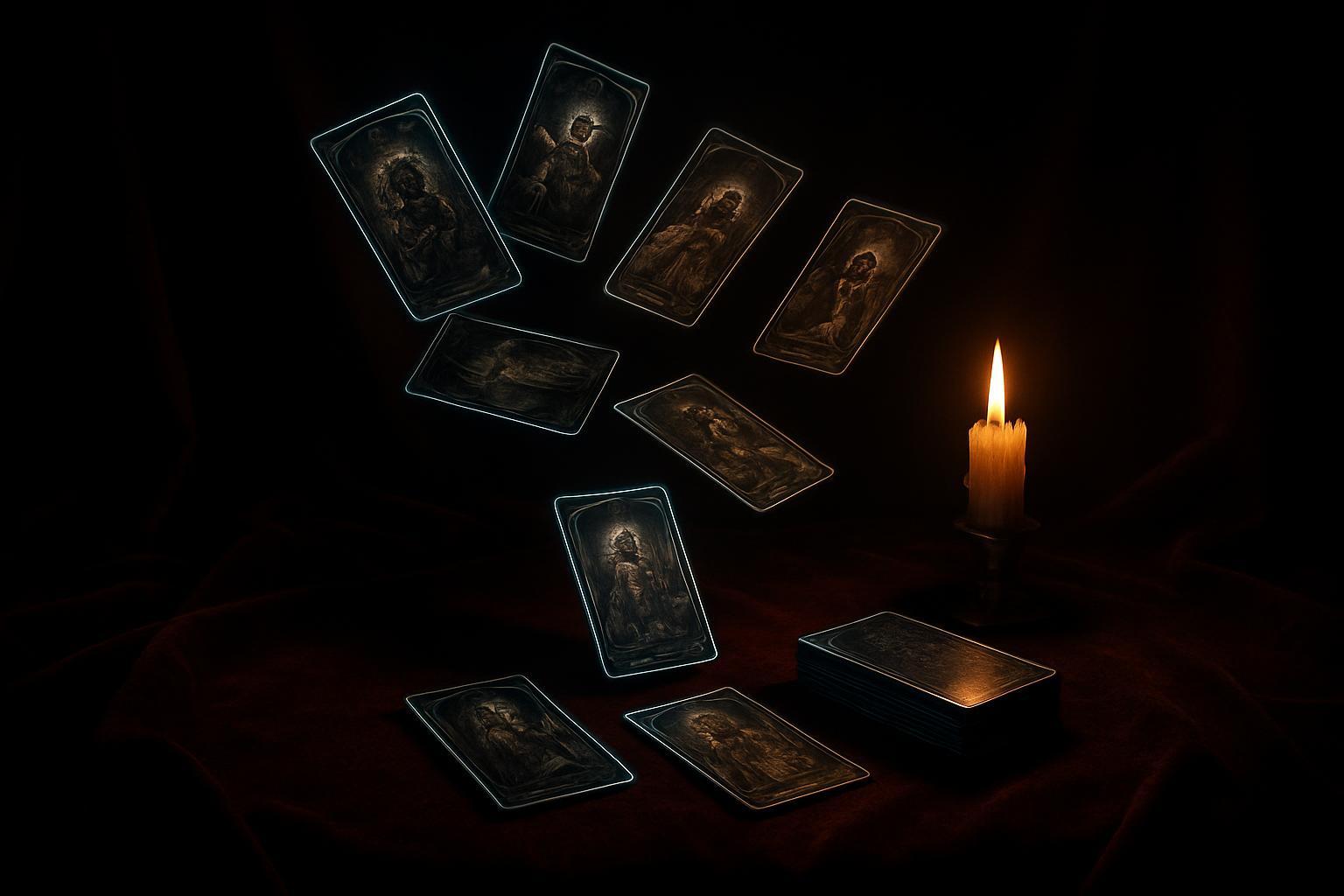 The cards float upwards from a box that is tilted to the side and rests on a red, velvet surface off to the bottom-right. ...