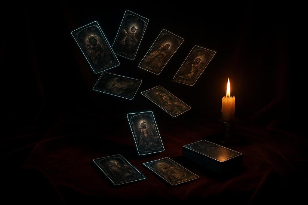 The cards float upwards from a box that is tilted to the side and rests on a red, velvet surface off to the bottom-right. ...