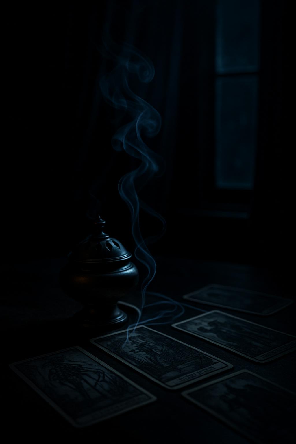 Background: Minimalist Setting Image: Black, lit incense burning with light gray smoke, on a background of tarot cards. A ...
