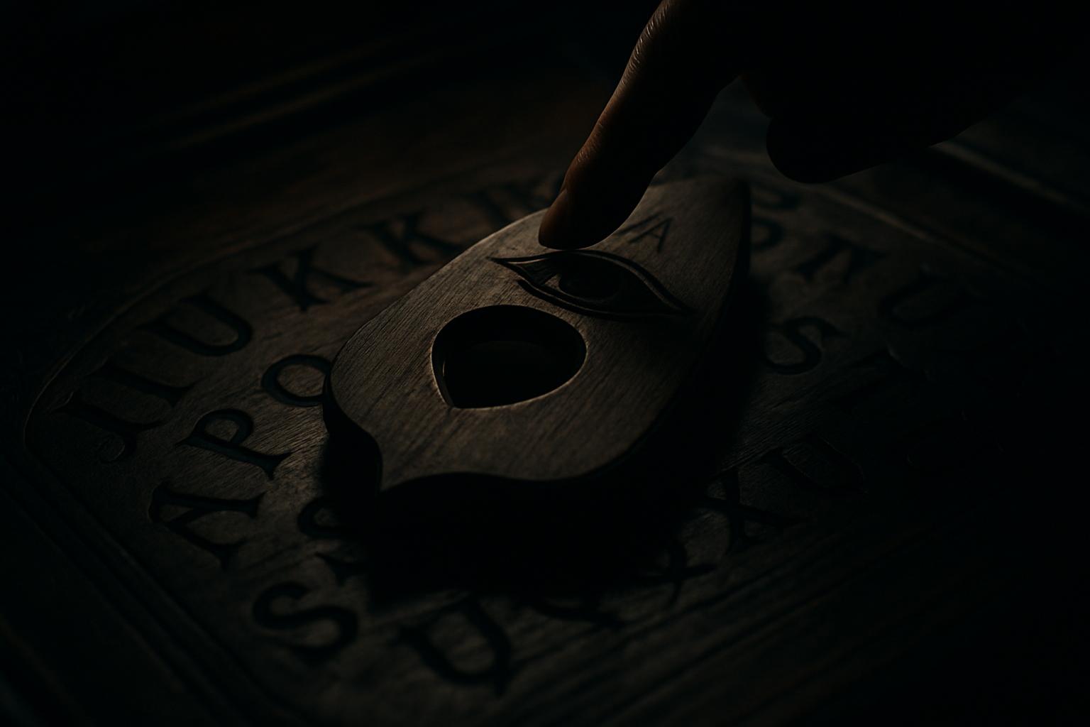 "Person's finger drawn to a planchette on a Ouija board (alt text)"