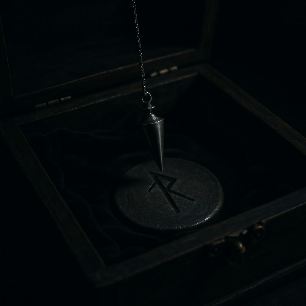 An image depicts a dark metal pendulum with a rough metal end hanging from a string, sitting on a circular metal object wi...